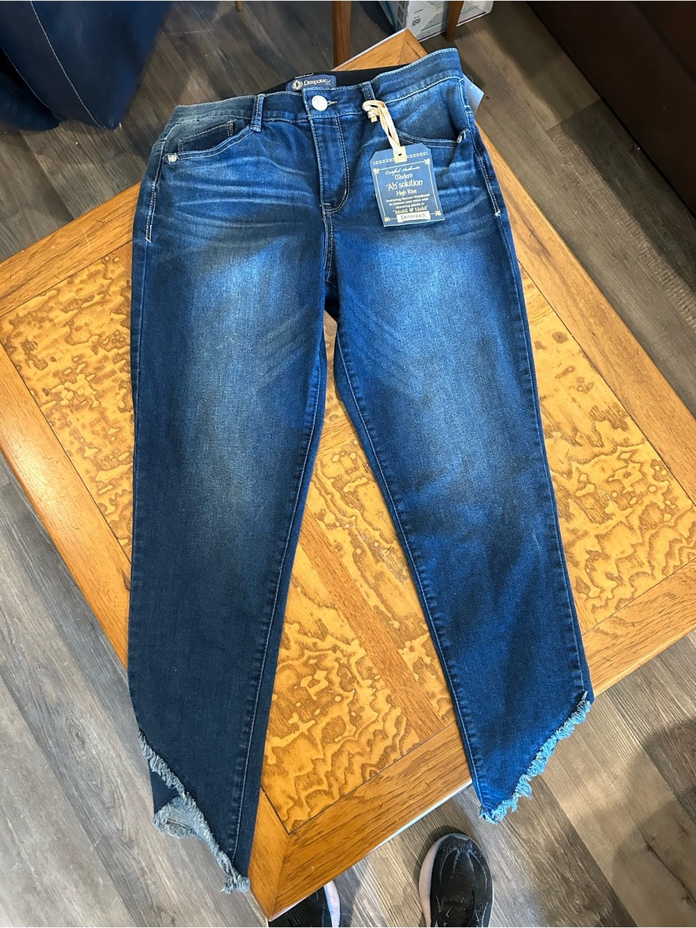 Democracy Dark Blue Asymmetric Frayed-Hem Ankle Jeans